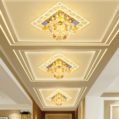 Square Corridor Flush Mount Lamp Modern Crystal Prism LED Gold Ceiling Light with Flower Design