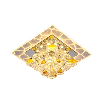 Square Corridor Flush Mount Lamp Modern Crystal Prism LED Gold Ceiling Light with Flower Design