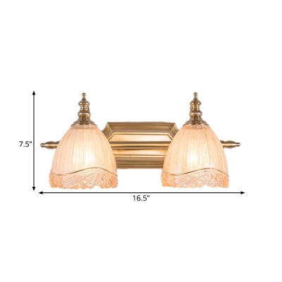 Traditional Bell Vanity Light 2 Heads Ribbed Glass Sconce in Brass with Carved Rose Edge