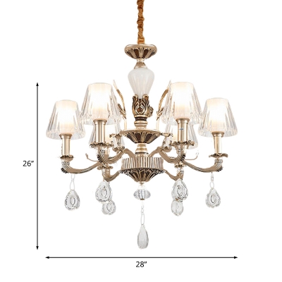 Traditional Conical Pendant Chandelier 6 Bulbs Faceted Crystal Suspension Light in Gold