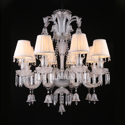 Traditionalism Curved Arm Chandelier 8-Light Clear Crystal Hanging Ceiling Light with Cone White Fabric Shade