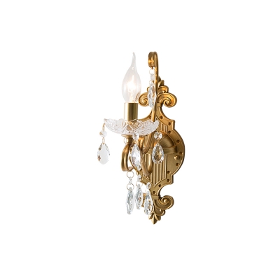 Vintage Style Candelabra Sconce Lighting 1/2-Bulb Metallic Wall Mount Lamp in Gold with Crystal Droplet