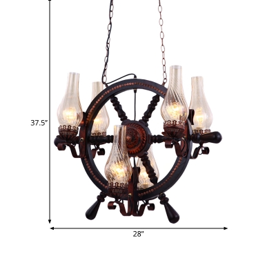 Vintage Vase Shaped Pendant Chandelier 6-Head Clear Water Glass Hanging Lamp Kit with Wood Rudder Deco