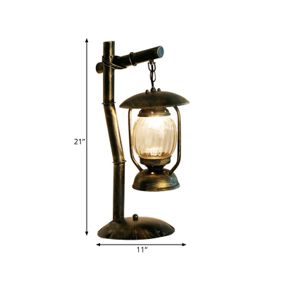 Warehouse Kerosene Desk Lamp 1-Bulb Clear Ribbed Glass Table Lighting in Brass with Metal Scalloped Base