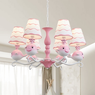 Whale Kindergarten Chandelier Metal 6 Heads Kids Hanging Pendant Light with Conic Shade in Pink/Blue