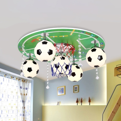 White-Black Glass Soccer Ceiling Flush Kids 5-Light Green Flush Mount Light Fixture with Crystal Drape