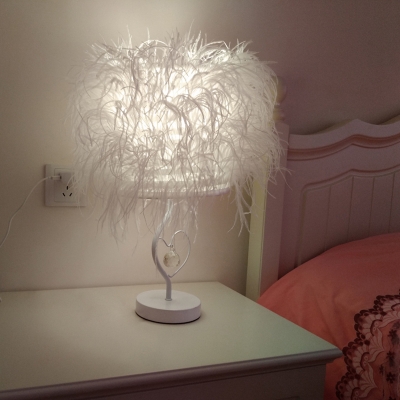 White Feather Desk Lighting Contemporary 1-Bulb Fabric Night Table Lamp with Crystal Ball Decor