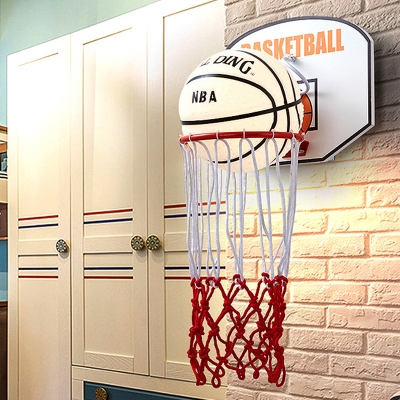 White Glass Basketball Wall Lamp Kids 1-Light Wall Mounted Fixture with Hand Woven Shooting Box