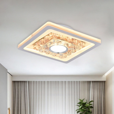 White Square Ceiling Fixture Modern Style Acrylic LED Corridor Flush Mount Lamp with Crystal Decor