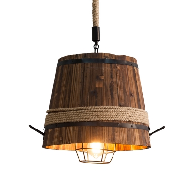 Wood Bucket Suspension Pendant Vintage 1 Light Restaurant Hanging Ceiling Light with Rope Rod and Globe Cage