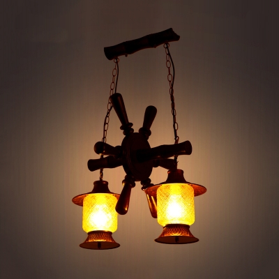 Yellow Grid Glass Copper Hanging Chandelier Lantern 2-Light Warehouse Pendant Light Kit with Wood Rudder Deco