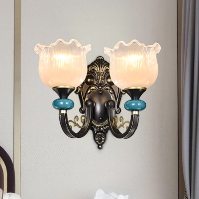 1/2-Head Wall Sconce Lamp Farmhouse Indoor Wall Lighting with Flower Glass Shade in Black