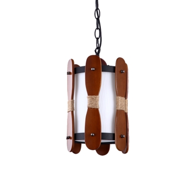 1-Bulb Cylinder Drop Pendant Industrial White Glass Hanging Light Kit with Wood Panel Deco