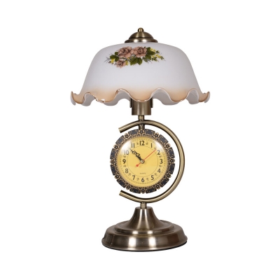 1-Bulb Nightstand Light Farmhouse Flower Printing White Glass Night Lamp in Brass with Clock