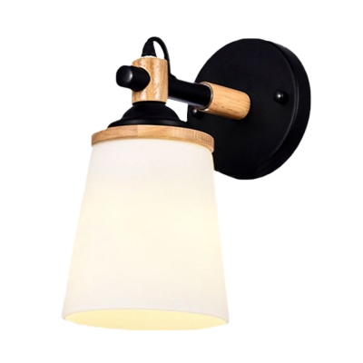 1 Head Bedside Sconce Light Fixture Modernist White/Black and Wood Wall Lamp with Barrel Cream Glass Shade