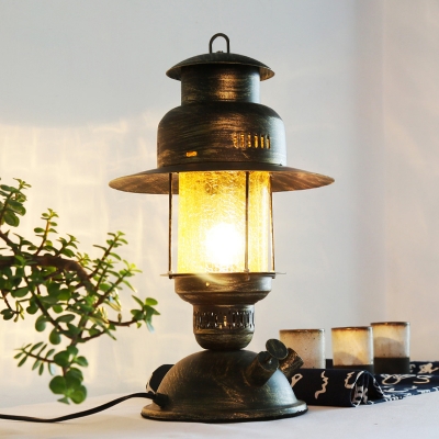 1 Head Kerosene Desk Lighting Industrial Brass Finish Yellow Crackle Glass Table Lamp