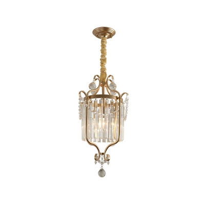 1 Head Pendant Lighting Traditional Living Room Hanging Lamp with Drum Crystal Tube Shade in Gold