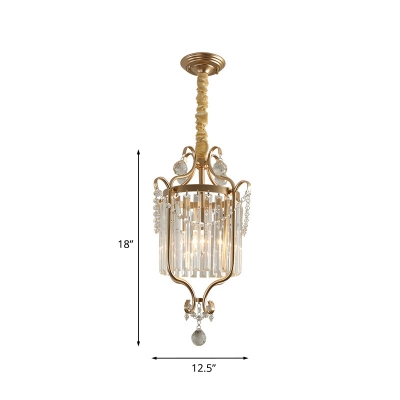 1 Head Pendant Lighting Traditional Living Room Hanging Lamp with Drum Crystal Tube Shade in Gold