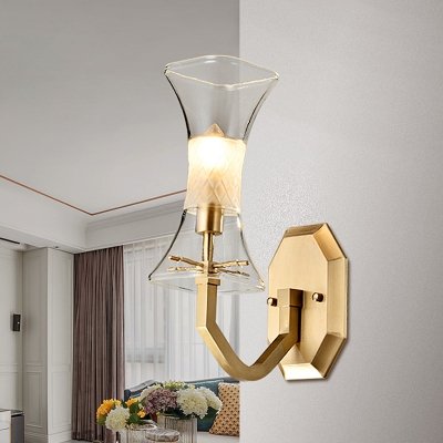 1-Light Corner Wall Sconce Postmodern Brass Wall Mount Light Fixture with Flared Clear Glass Shade