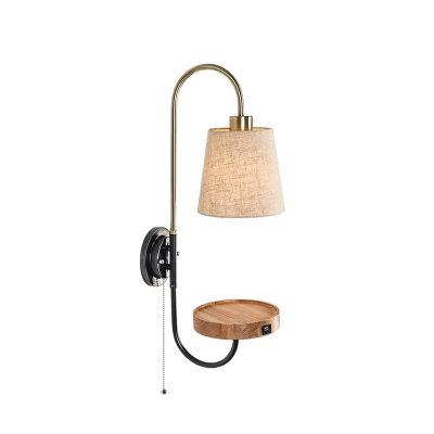 1 Light Gooseneck Pull-Chain Wall Lamp Modern Functional Wood Metal Sconce with Fabric Shade and Storage Tray