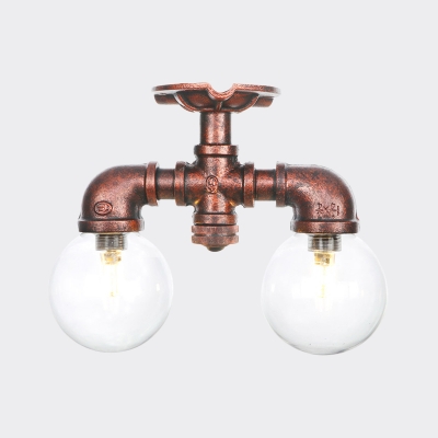 2 Heads Orb Semi Flush Lighting Industrial Copper Clear Glass LED Ceiling Mounted Fixture