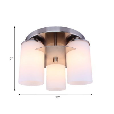 3-Light Living Room Ceiling Lamp Minimalist Chrome Flush Mount with Cylindrical Opal Matte Glass Shade
