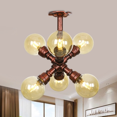 4/5/6 Heads Amber Glass Semi Flush Vintage Copper Globe Corridor LED Flush Mount Ceiling Light