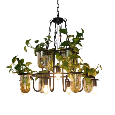 5-Head Iron Chandelier Light Industrial Black Candle Restaurant Pendant Lamp with Potted Plant