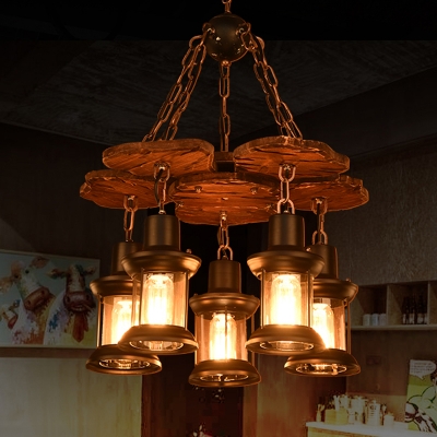 5 Lights Kerosene Suspension Lamp Industrial Black Finish Clear Glass Chandelier with Wood Panel Deco