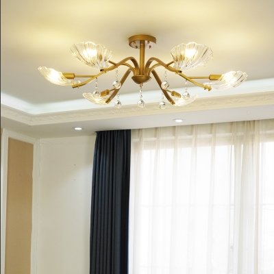 6/8-Bulb Semi Flush Ceiling Light Traditional Living Room Flushmount Lamp with Shell Clear Crystal Glass Shade in Gold