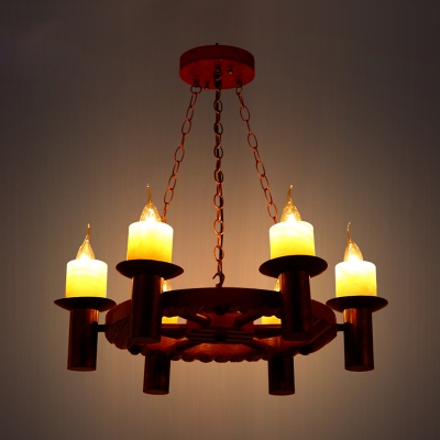 6 Bulbs Chandelier Lighting Fixture Loft Style Brown Candelabra Living Room Pendant Lamp with Wood Wheel Deco