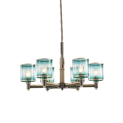 6 Lights Dining Room Pendant Chandelier Post-Modern Grey Hanging Lamp Kit with Cylinder Gradient Blue Glass Shade
