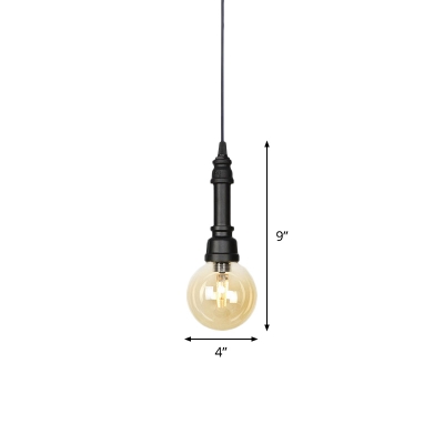 Amber Glass Black Finish Ceiling Light Globe/Capsule 1-Head Vintage Pipe LED Suspension Pendant