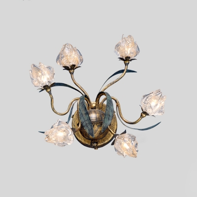 Antique Brass 6 Bulbs Wall Lighting Vintage Metal Flower LED Wall Sconce Lamp with Clear Glass Shade