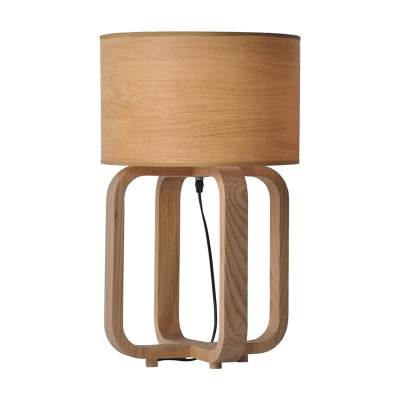 Beige Short Cylinder Table Light Asia 1 Bulb Wood Night Stand Lamp with Open Square Base