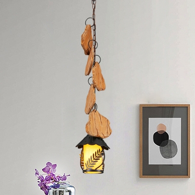 Black 1 Light Pendulum Light Coastal Clear Glass/White Fabric Kerosene Hanging Pendant with Leaf Pattern
