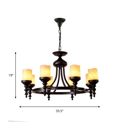 Black Circular Suspension Pendant Light Retro Iron 8 Bulbs Living Room Chandelier with Marble Pillar Shade