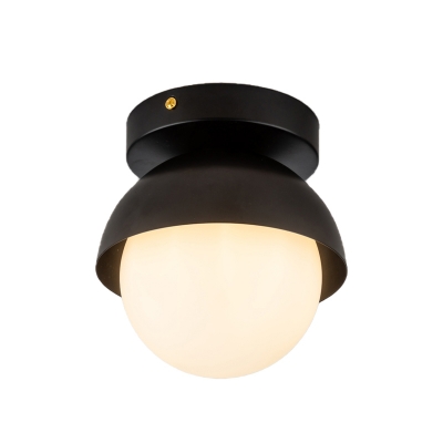 Black/Gold Finish Domed Flush Light Fixture Post Modern 1 Bulb Metal Flush Mount with Orb Opal Glass Shade