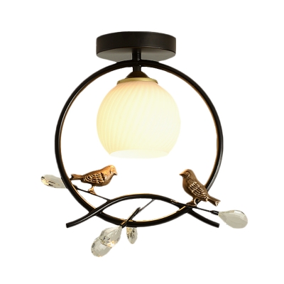 Black/Gold Finish Ring Semi-Flush Mount Modernist 1-Head Metal Ceiling Flush with Bird and Crystal Deco