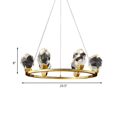 Brass Ring Pendant Chandelier Minimalism 6/8 Heads Faceted Crystal Hanging Ceiling Light