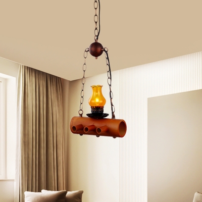 Brown 1 Light Pendant Light Factory Yellow Glass Vase Shade Suspension Lamp with Linear Bamboo Beam