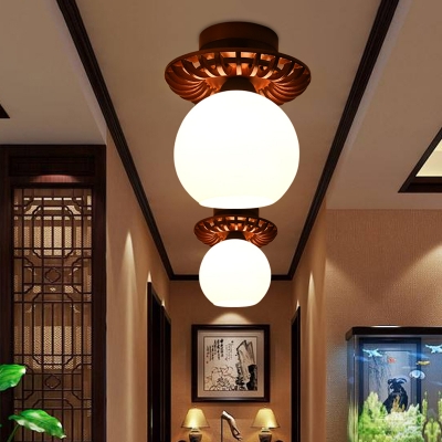 Brown Globe/Square Semi Flush Light Retro Cream Glass 1 Light Corridor Wood Close to Ceiling Lamp