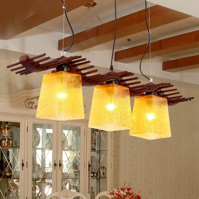 Brown Trapezoid Island Light Fixture Country Amber Water Glass 3-Light Dining Room Pendant Lamp with Wood Wavy Shelf