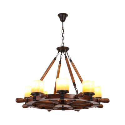 Classic Cylinder Chandelier Lighting 6/8-Bulb Marble Pendant Lamp in Brown with Wood Rudder Design