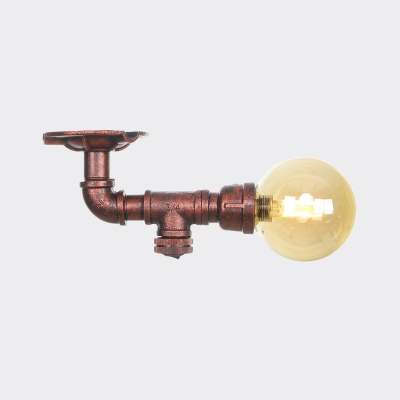 Copper 1-Light Semi Flush Mount Light Industrial Amber Glass Ball LED Ceiling Lamp Fixture