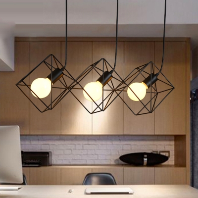 Cube Cage Living Room Multi-Pendant Industrial Iron 3 Lights Black Finish Hanging Ceiling Lamp