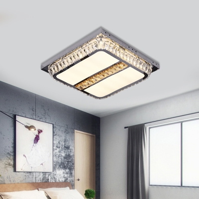 Cut Crystal Square Flush Mount Modern LED Living Room Ceiling Light Fixture in Chrome