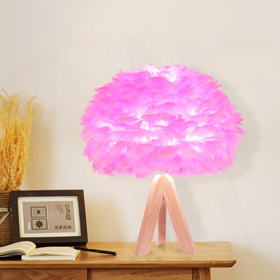 Fabric Feather Table Lighting Modernist 1-Bulb Desk Lamp in Pink with Tripod Wooden Base