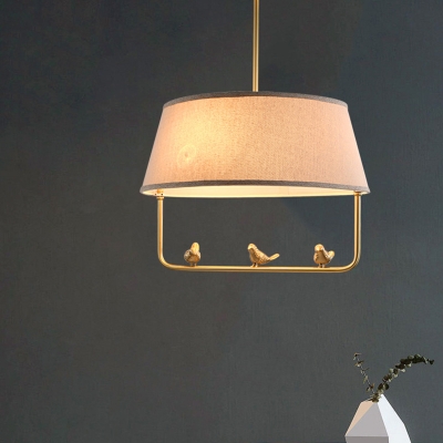 Farmhouse Tapered Suspension Light 3 Lights Fabric Chandelier in Beige with Bottom Stand and Bird Decor