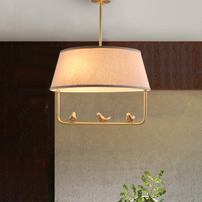 Farmhouse Tapered Suspension Light 3 Lights Fabric Chandelier in Beige with Bottom Stand and Bird Decor